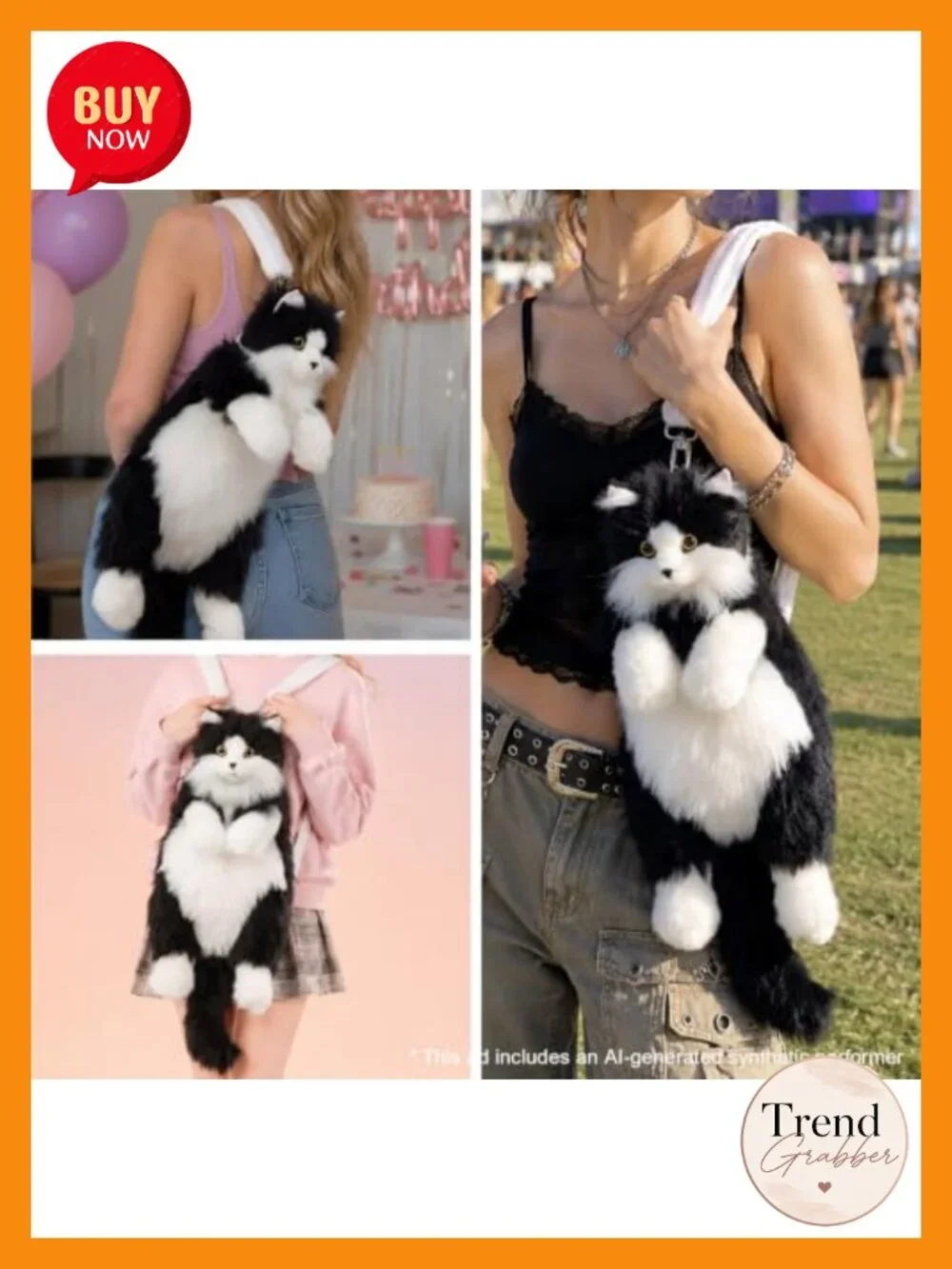 Stuffed Animal Backpack Tuxedo Cat Plush Bag Adjustable Strap Handcrafted